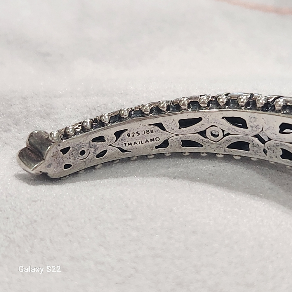 Barbara Bixby Bold .925 Silver, 18k Gold w/ White Topaz Gemstone Hinged Cuff - Picture 8 of 11